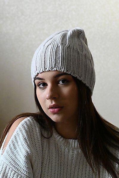 Runde Perlé Beanie weiche dünne Mütze aus 100% Merinowolle ecru Wintermütze günstig online kaufen