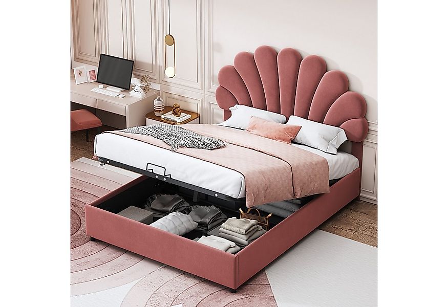 Flieks Polsterbett, hydraulisches Doppelbett Blumenform-Kopfteil Samt 140x2 günstig online kaufen