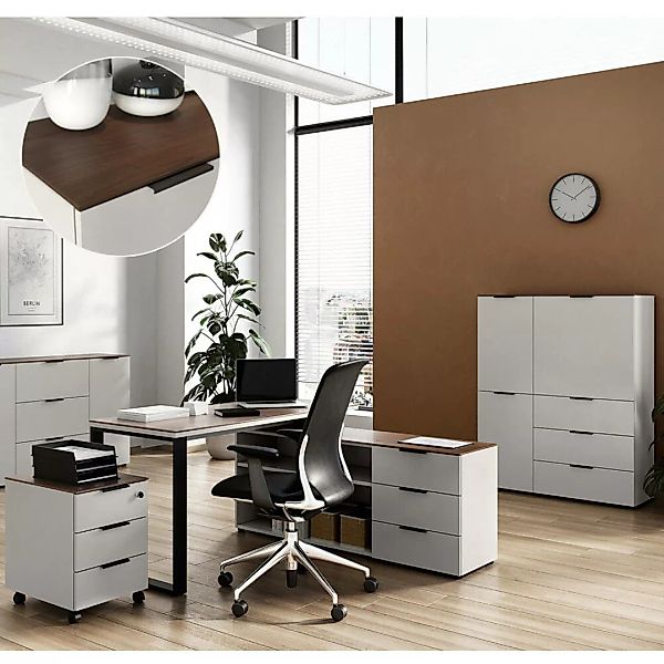 Lomadox Büromöbel Set Winkelschreibtisch mit Container und Highboard CHOLET günstig online kaufen