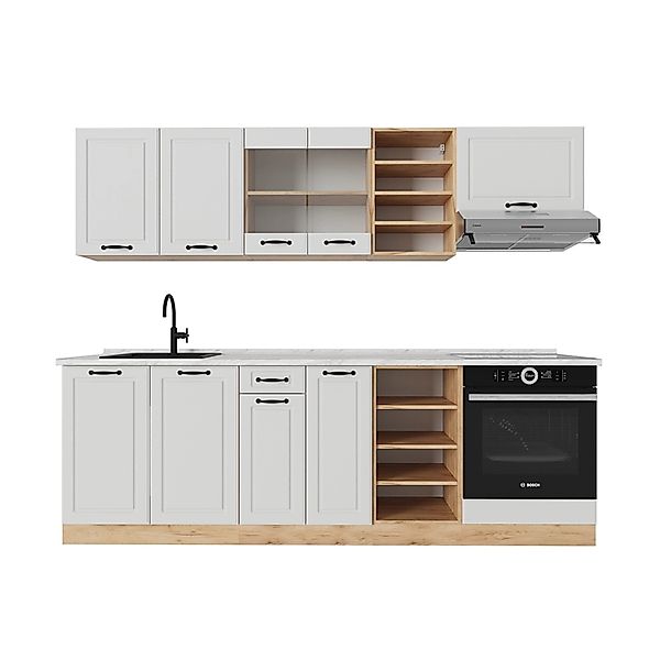 Vicco R-Line Küchenzeile Weiß Landhaus/Goldkraft Eiche 240 cm AP Marmor günstig online kaufen