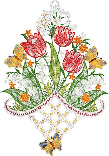 W. Reuter & Sohn - Plauener Spitze Fensterbild "Frühlingsgesteck", Made in günstig online kaufen