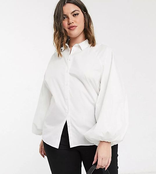 ASOS DESIGN Curve – Weißes Baumwollhemd mit langen, voluminösen Ärmeln günstig online kaufen