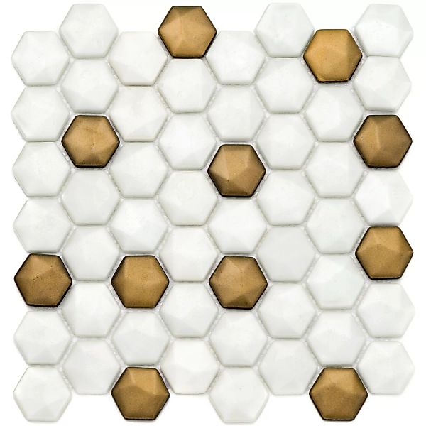 Mosaikmatte Ebru Hexagon Glas Weiß Gold 29 cm x 29 cm günstig online kaufen
