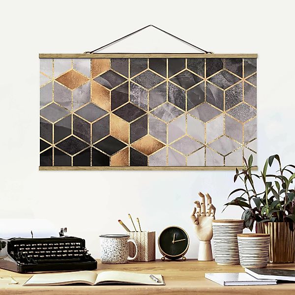 Stoffbild Abstrakt mit Posterleisten - Querformat Schwarz Weiß goldene Geom günstig online kaufen