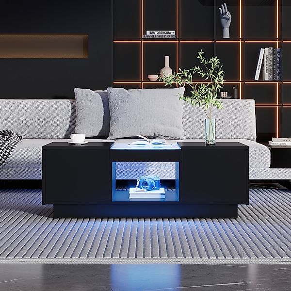 Couchtisch schwarz 100x50cm LED, App-Steuerung, Glasverkleidung, 2 Schublad günstig online kaufen