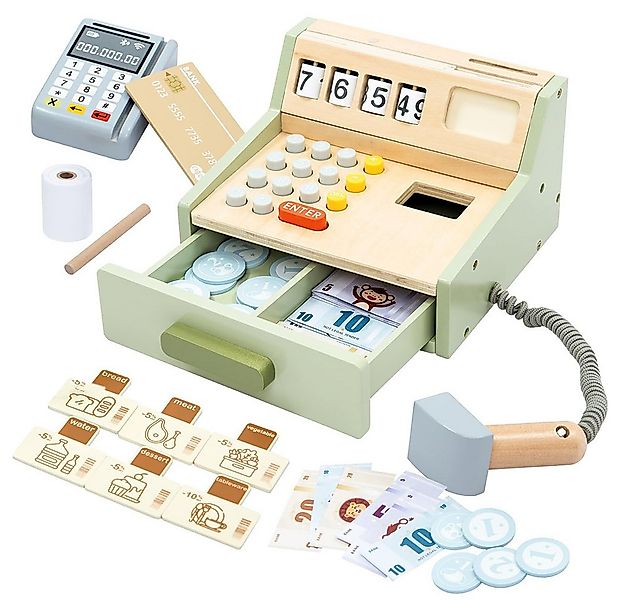 CLTYQ Spielkasse Holz Kasse Kinder, Holz Spielkasse Kinderkasse mit Scanner günstig online kaufen
