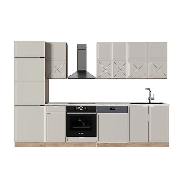 Vicco Fame-Line Küchenzeile GrauBeige/Goldkraft Eiche 300 cm ohne Arbeitspl günstig online kaufen