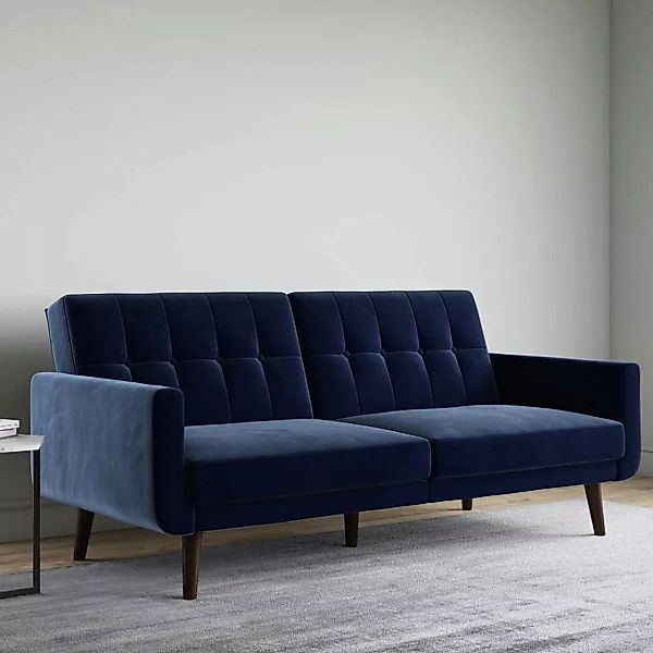 Ausklappbares Sofa Retro in Blau Samt Fußgestell aus Holz günstig online kaufen