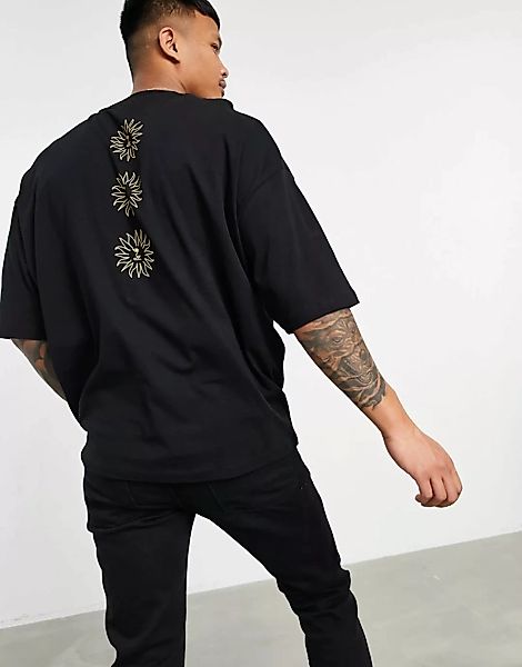 ASOS DESIGN – Oversize-T-Shirt in Schwarz mit Sonnenprint auf dem Rücken günstig online kaufen