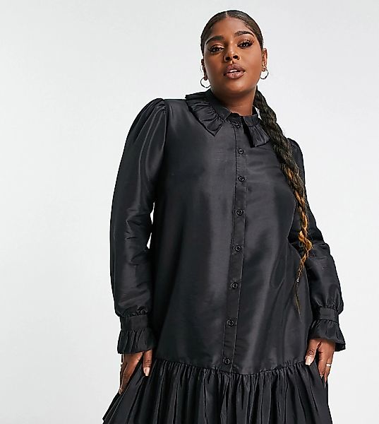 ASOS DESIGN Curve – Mini-Hemdkleid mit Rüschenkragen und Schößchensaum-Schw günstig online kaufen