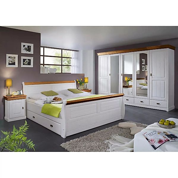 Schlafzimmer Set SAVONA-69 in Kiefer massiv weiß mit honig, Bettgestell 180 günstig online kaufen