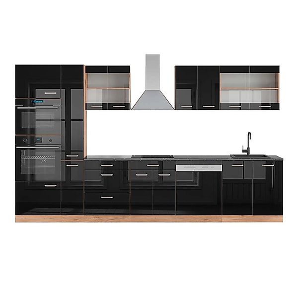Vicco R-Line Küchenzeile Schwarz Hochglanz/Goldkraft Eiche 350 cm mit Hochs günstig online kaufen