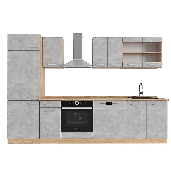 Vicco R-Line Küchenzeile Beton/Goldkraft Eiche 300 cm ohne Arbeitsplatte günstig online kaufen