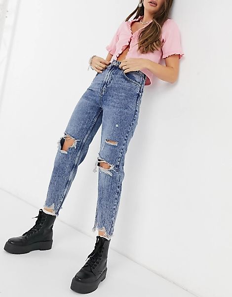 Bershka – Gerippte Mom-Jeans aus Bio-Baumwolle mit ausgefranstem Saum in Du günstig online kaufen