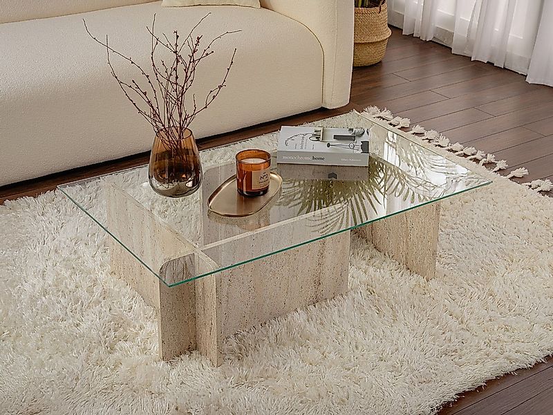 Couchtisch - Sicherheitsglas - Travertin-Optik - Beige & Transparent - AZRA günstig online kaufen