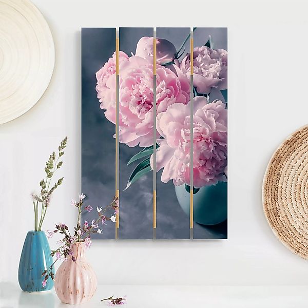 Holzbild Plankenoptik - Hochformat Vase mit Rosa Pfingstrosen Shabby günstig online kaufen