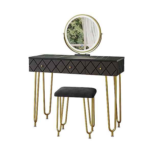 Vicco Schminktisch Mirabell, Marmor/Schwarz, 100 cm mit LED Spiegel und Hoc günstig online kaufen