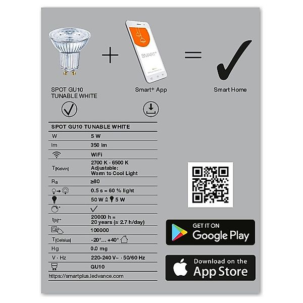SMART+ LED Leuchtmittel GU10 5W 350lm 2700 bis 6500K Einzeln günstig online kaufen