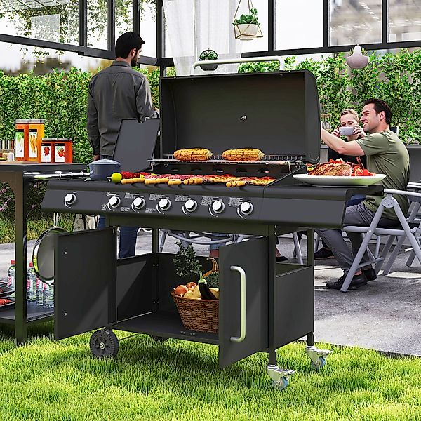 Outsunny Gasgrill 21,2 KW 6+1 Brenner BBQ Grillwagen aus Edelstahl inkl Rol günstig online kaufen