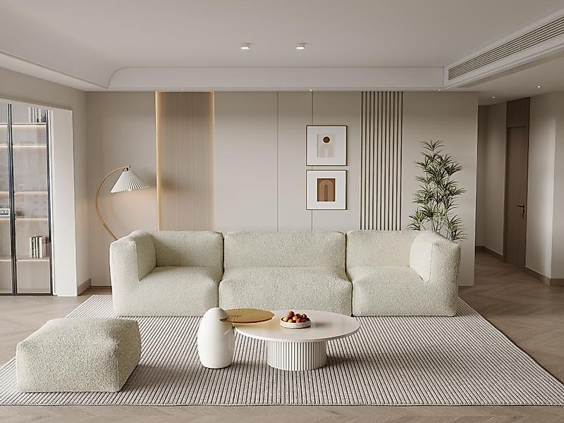 Sofa mit Hocker - beliebig kombinierbar - Bouclé-Stoff - Beige - NOUMARA günstig online kaufen