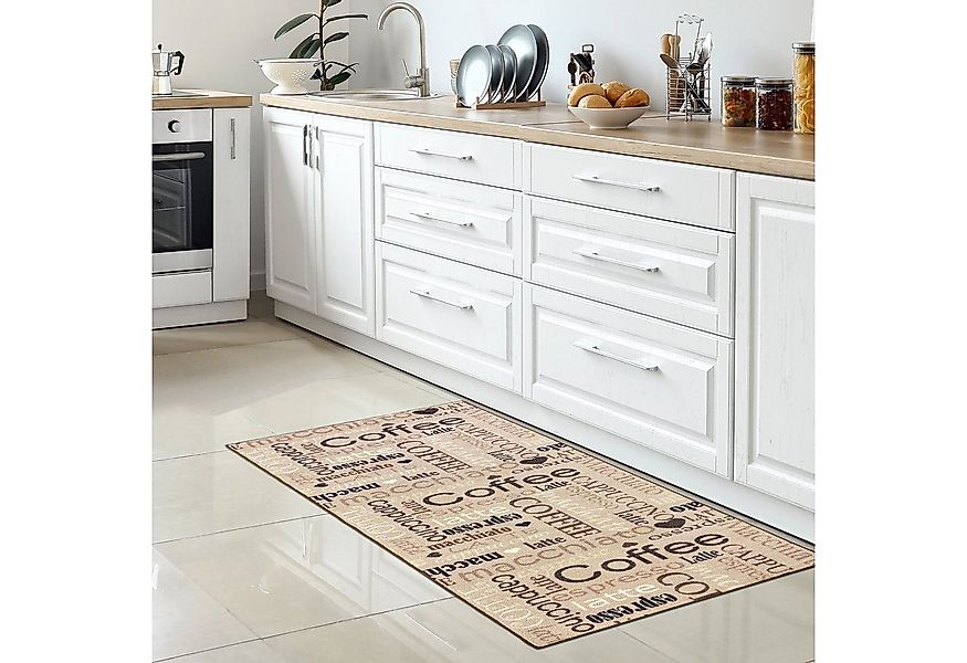 Carpetia Teppich Küchenläufer beige schwarz braunem Schriftzug Coffee Cappu günstig online kaufen