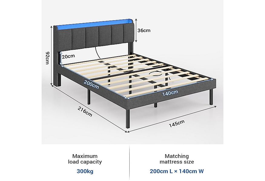 MSMASK Polsterbett Jugendbett mit LED-Beleuchtung und Ladestation (1-tlg., günstig online kaufen