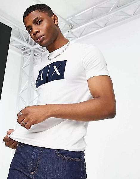 Armani Exchange – T-Shirt in Weiß mit AX-Logo auf kohlschwarzem Grund auf d günstig online kaufen