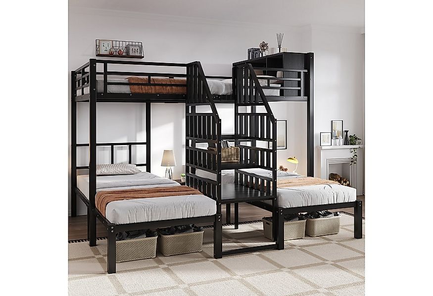 Flieks Etagenbett, Eisenbett Dreierbett 90x200cm*2&140x200cm*1 mit Stauraum günstig online kaufen