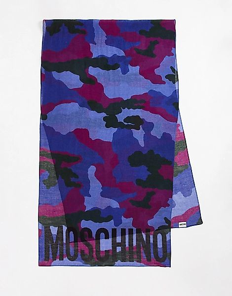 Moschino – Schal in Blau mit Military-Muster und Logo günstig online kaufen