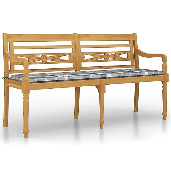 VidaXL Batavia-Bank mit Kissen Grau Karomuster 150 cm Massivholz Teak günstig online kaufen