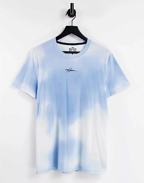 Hollister – T-Shirt in Grünblau mit Wolken-Waschung und Logoprint günstig online kaufen