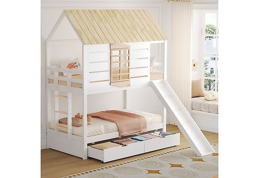 Flieks Etagenbett, Hausbett Kinderbett 90x200cm mit 2 Schubladen, Leiter un günstig online kaufen