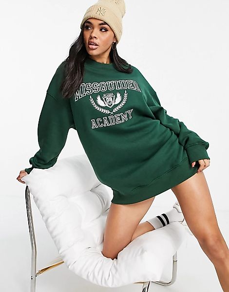 Missguided – Mini-Pulloverkleid in Grün mit „Academy“-Grafik günstig online kaufen