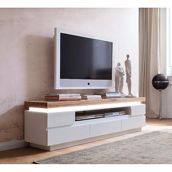 Lomadox TV Lowboard weiß matt lackiert mit Eiche massiv geölt ROSARNO-05 mi günstig online kaufen
