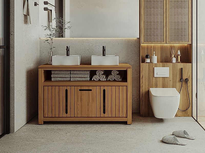 Waschbeckenunterschrank - Helles Teakholz mit Doppelwaschbecken - 120 cm - günstig online kaufen
