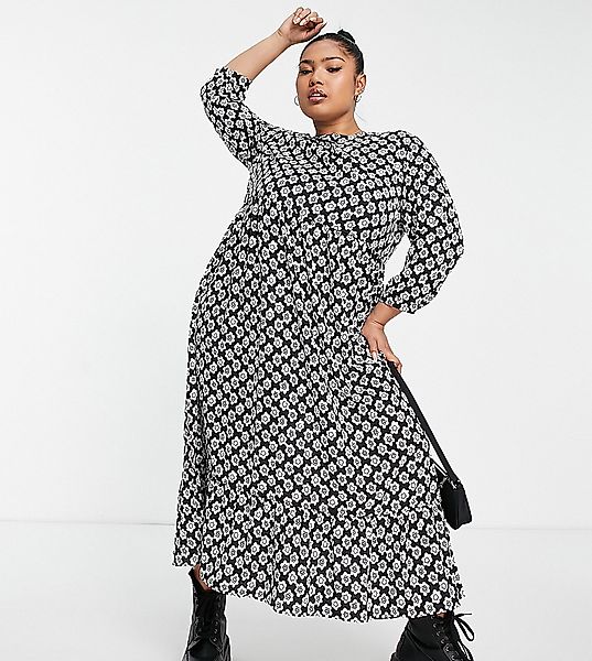 Glamorous Curve – Midi-Hängerkleid mit plissiertem Saum und Retro-Gänseblüm günstig online kaufen