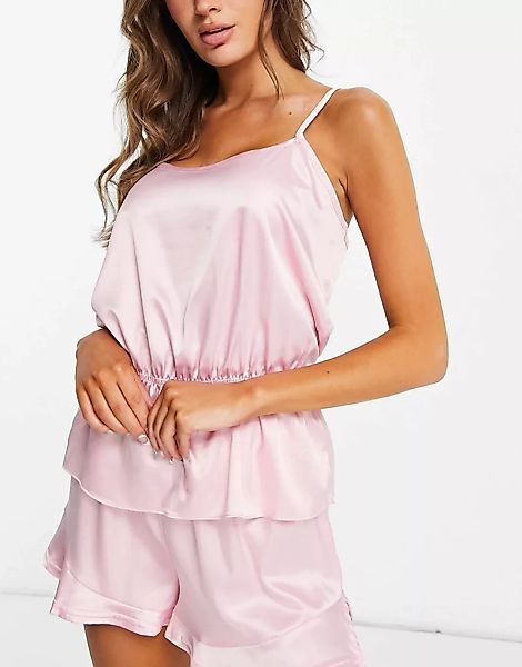 Miss Selfridge – Satin-Pyjama aus Camisole und Shorts in Rosa günstig online kaufen