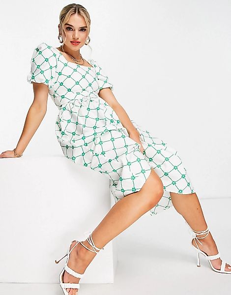 Glamorous – Midi-Hängerkleid in Grün kariert und geblümt mit eckigem Aussch günstig online kaufen