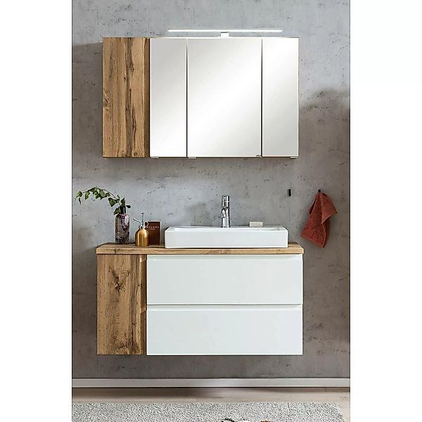 Badmöbel Set mit Aufsatz-Waschbecken rechts, Wotan Eiche Nb. mit weiß matt, günstig online kaufen