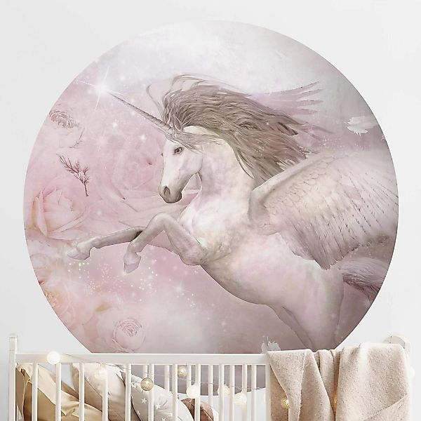 Runde Fototapete Pegasus Einhorn mit Rosen günstig online kaufen