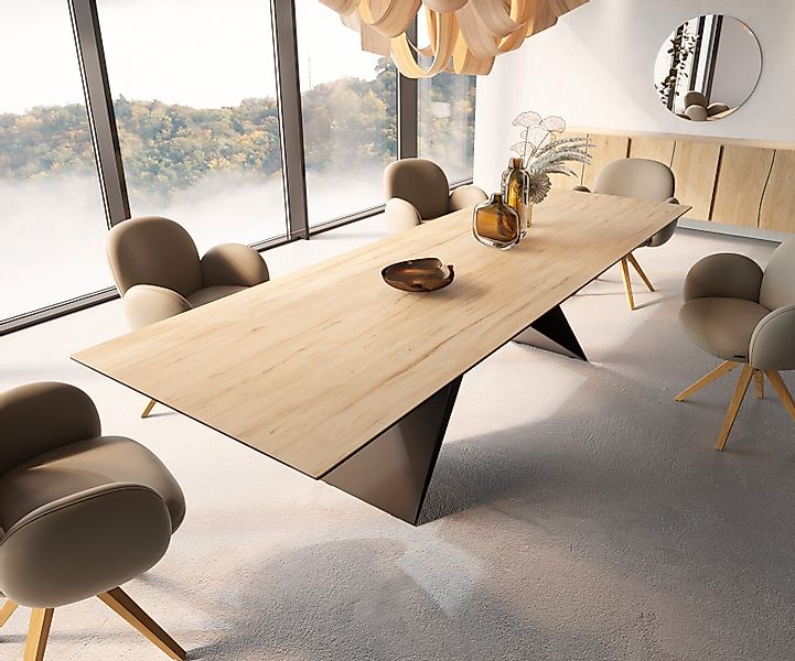 Esstisch Edge 300x100 Keramik Laminam® Sabbia Eichefarbig V-Gestell Flachst günstig online kaufen
