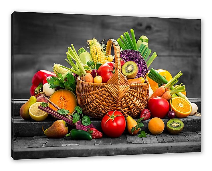 Pixxprint Leinwandbild Frisches Obst und Gemüse im Korb, Frisches Obst und günstig online kaufen