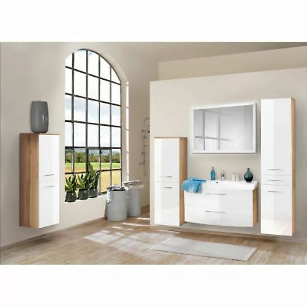 Lomadox Badmöbel Set mit 100cm Waschtisch FLORIDO-03-OAK weiß Hochglanz mit günstig online kaufen
