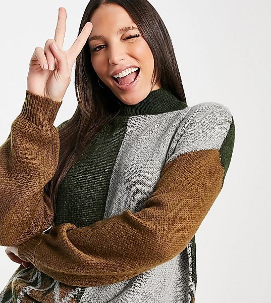 Noisy May Tall – Hochgeschlossener Pullover in Braun mit Blockfarbendesign- günstig online kaufen
