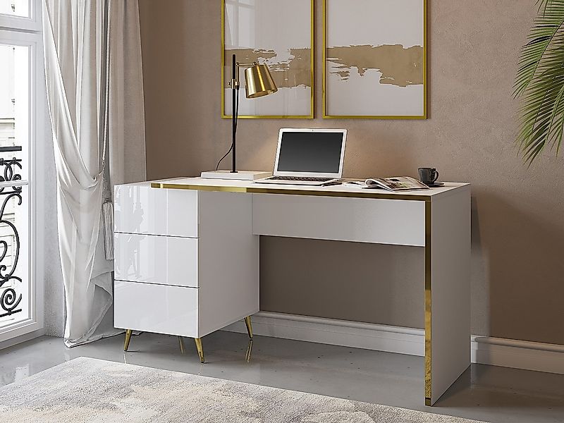 Schreibtisch mit Schubladen - Weiß glänzend & Goldfarben - MARZIALO günstig online kaufen