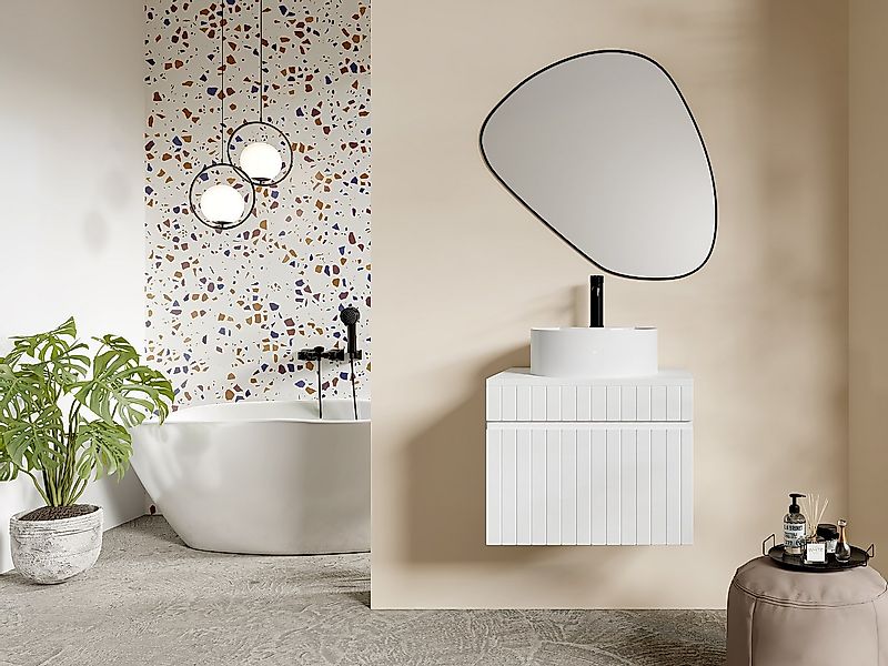 Waschbeckenunterschrank hängend mit Aufsatzplatte - Weiß gerippt - 60 cm - günstig online kaufen