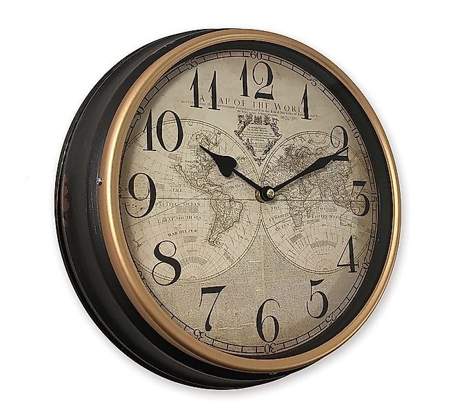 Wanduhr Weltkarte Vintage-Stil Schwarz Atlas Metallrahmen Rund 31cm günstig online kaufen