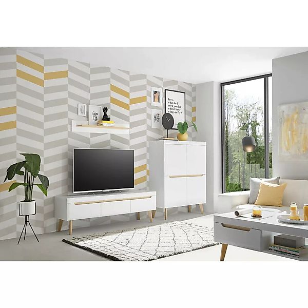 Wohnzimmer Set in Weiß Matt mit Eiche STOCKTON-61, 4-teilig inkl. Couchtisc günstig online kaufen