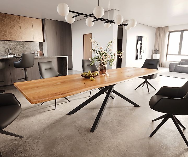 Esstisch Edge 300x100x4 Eiche Natur Kreuzgestell Rechteck Schwarz Live-Edge günstig online kaufen