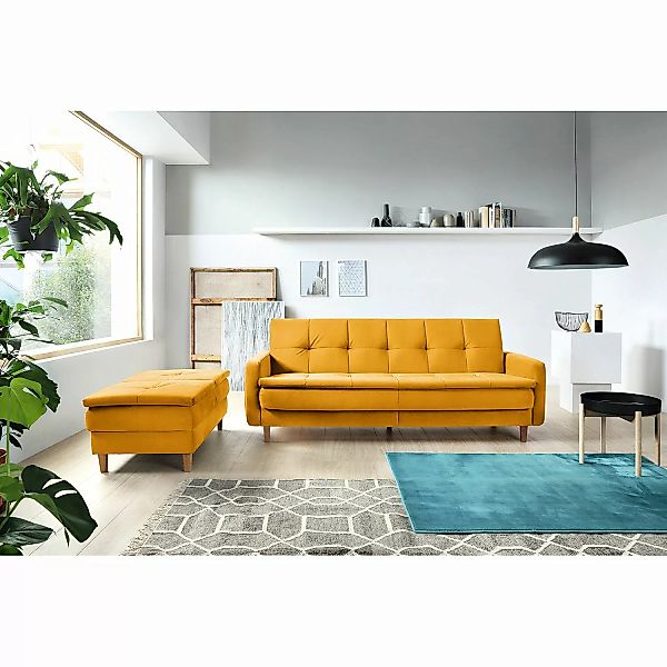 home24 loftscape Schlafsofa Pabna Senfgelb Samt 218x84x115 cm mit Hocker , günstig online kaufen